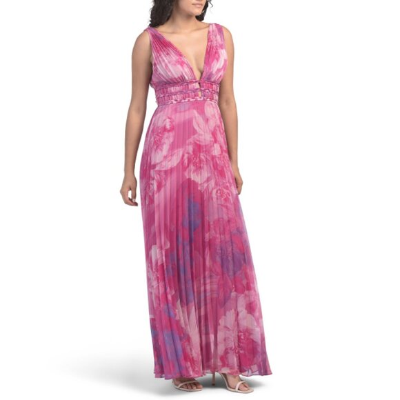 ONE33 SOCIAL FUSCHIA MULTI Pleated Braid Floral Printed Gown